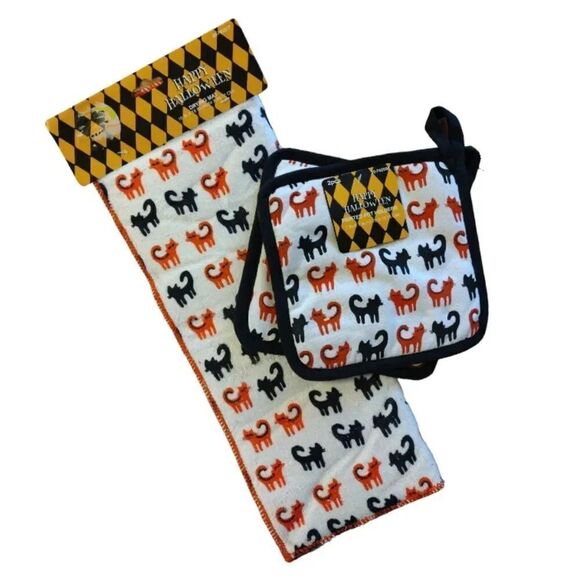 Retro Halloween Themed Pot Holders Dish Mat And Tapestry Kitchen Lot NWT - Picture 7 of 17